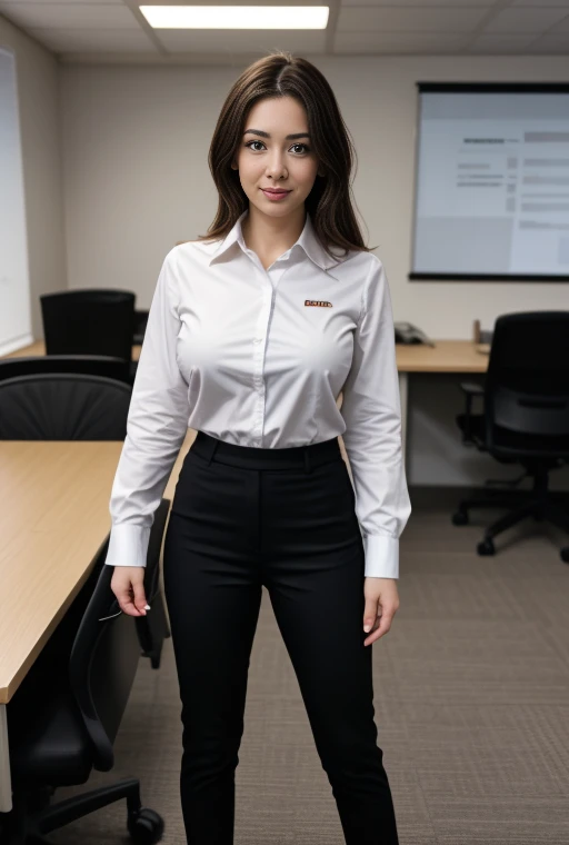 full body shot of business photo of tessa_fowler, pants, black attire, big breasts, collared shirt, tucked shirt, <lora:tessa_fowler:1>. Professional attire, workplace setting, confident. Whole outfit, clear, sharp, balanced