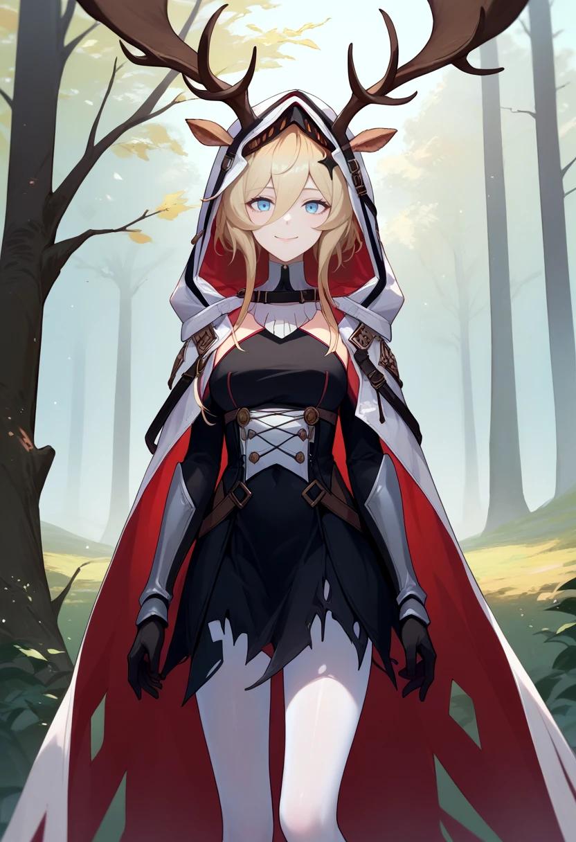 score_9, score_8_up, score_7_up, source_anime, solo, 1girl, viviana, smile, looking at viewer, standing, deer ears, antlers, hood up, hooded cape, black dress, underbust, black gloves, white pantyhose, outdoors, tree <lora:arknights_viviana_ponyXL:1>