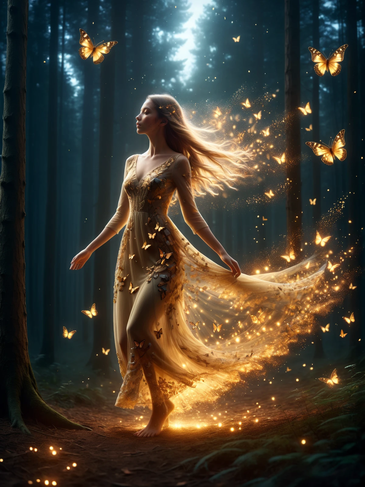 woman wearing a dress that is dissolving into mad-embr, dynamic walking pose, dreamlike mystical forest clearing at night, haze, butterflies, golden dust floating in the air,   <lora:Embers_Style_SDXL:0.8>, (masterpiece:1.2), best quality, (hyperdetailed, highest detailed:1.2), high resolution textures