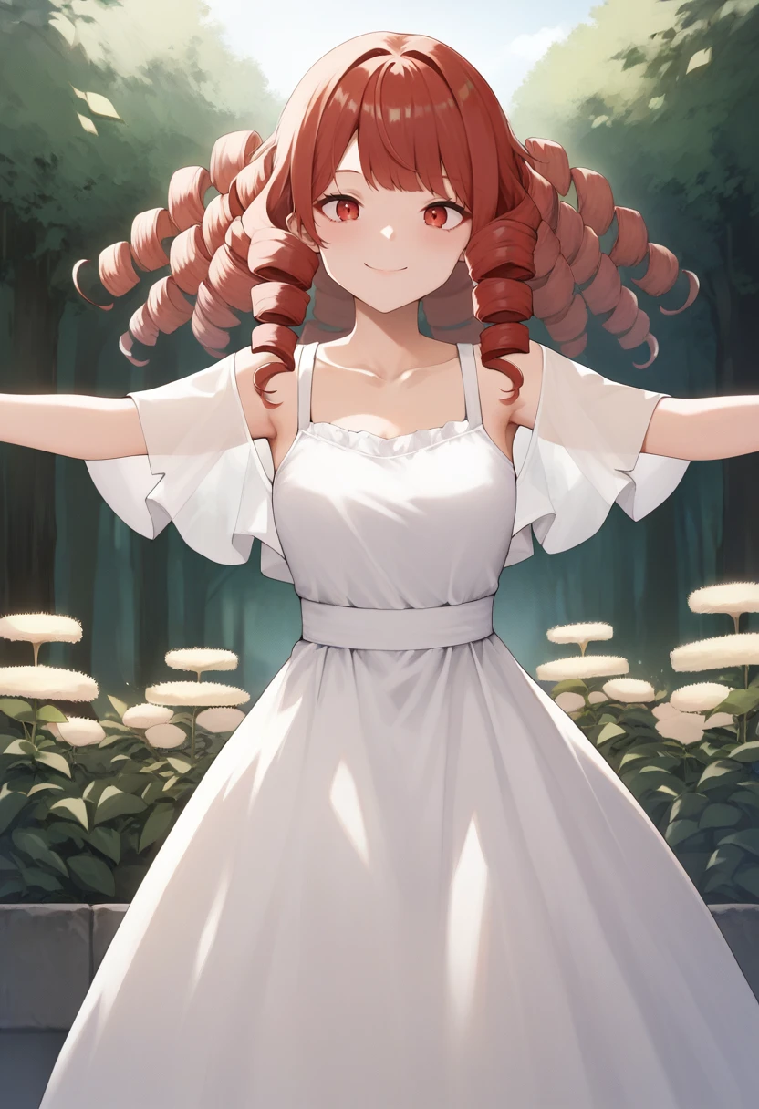 score_9, score_8_up, score_7_up, source_anime, 1girl,red eyes,smile, outdoors, best quality,  red hair, ringlets, outstretched arms,  white sundress, by chomikuplus   <lora:Chomikuplus-Style-PonyXL:1>