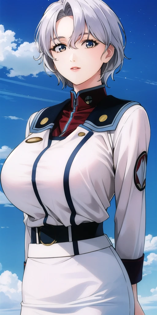 <lora:SallySaintFordV3:0.7> sallysaintford, huge_breasts, standing, solo, Naval_uniform_White_jacket_White_pencil_skirt_miniskirt_Belt_long_sleeves_turtleneck, starry_sky,, masterpiece, best_quality, detailed_face, detailed_eyes, highres, beautiful, detailed,