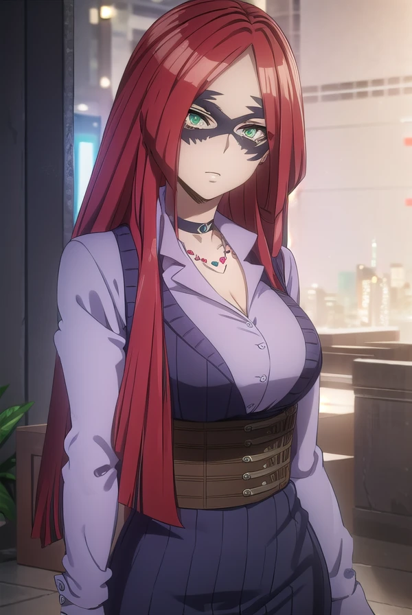 kirukahasaki, <lora:kiruka hasaki movie2-lora-nochekaiser:1>,
kiruka hasaki, long hair, red hair, mask, domino mask, (green eyes:1.3), (forehead:1.2),
BREAK thighhighs, gloves, boots, choker, black footwear, shirt, purple shirt, collared shirt, collarbone, necklace, belt, corset, skirt, long sleeves, cleavage,
BREAK outdoors,
BREAK looking at viewer, (cowboy shot:1.5),
BREAK <lyco:GoodHands-beta2:1>, (masterpiece:1.2), best quality, high resolution, unity 8k wallpaper, (illustration:0.8), (beautiful detailed eyes:1.6), extremely detailed face, perfect lighting, extremely detailed CG, (perfect hands, perfect anatomy),