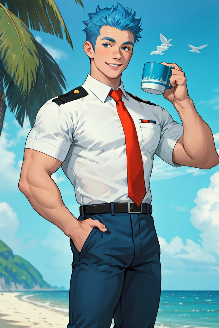 (1 image only),  solo male,  Orville,  Animal Crossing,  personification,  blue hair,  short hair,  black eyes,  aviation pilot uniform,  white collor shirt,  red necktie,  epaulette,  blue pants,  socks,  black footwear,  (bandaid on nose),  mature,  bara,  handsome,  charming,  alluring,  smile,  standing,  upper body,  perfect anatomy,  perfect proportions,  (best quality,  masterpiece),  (perfect eyes,  perfect eye pupil),  perfect hands,  high_resolution,  dutch angle,  cowboy shot,  seaside,  summer,  hand up,  holding mug cup,<lora:EMS-298324-EMS:0.400000>