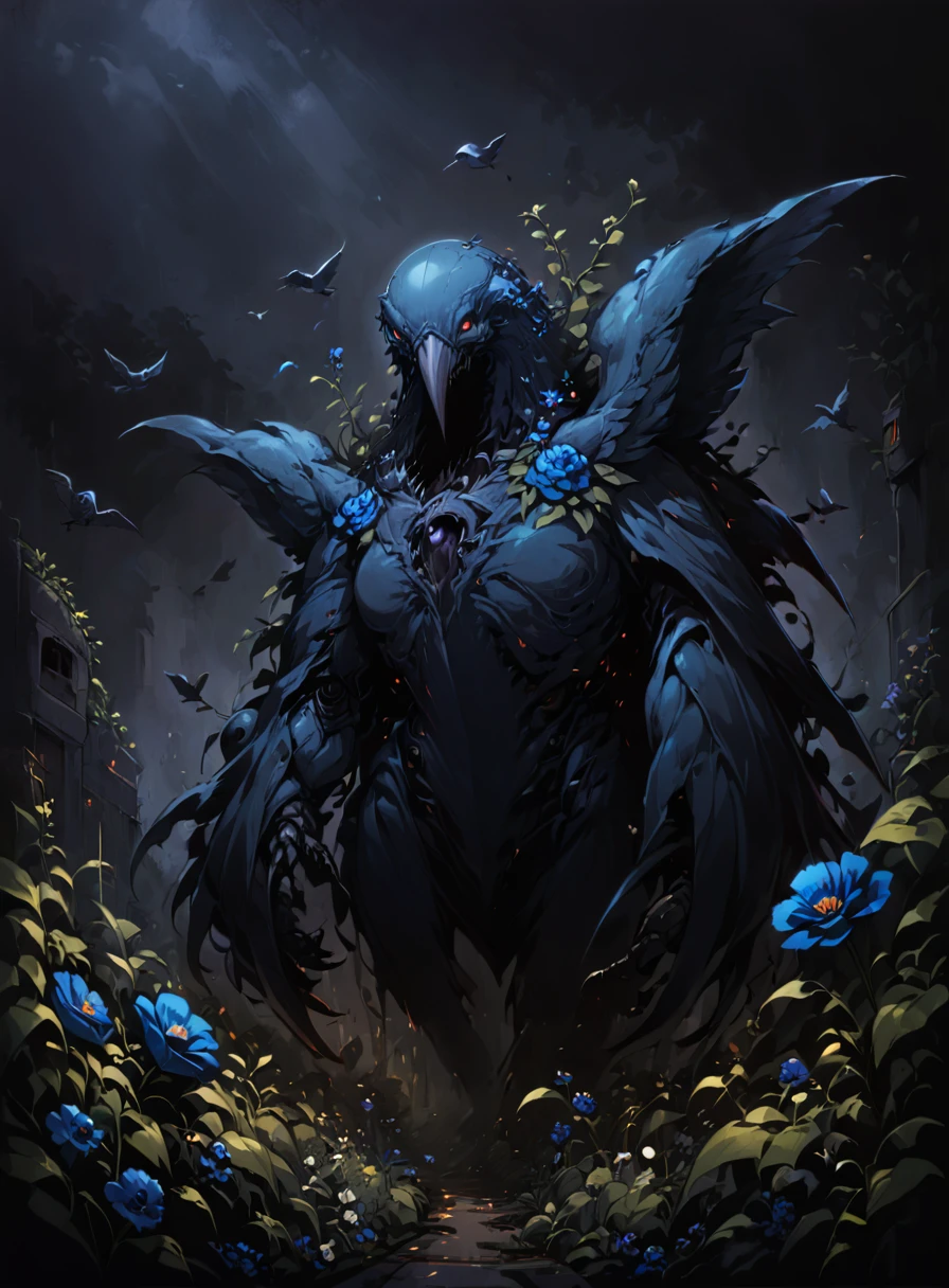 dark,chiaroscuro,low-key,horror \(theme\),highly detailed,monster,monster in a garden,flower,bird,robot,blue flower,garden,<lora:deepbeastxl-000004:1>,<lora:xl_more_art-full_v1:1>,<lora:zavy-cntrst-sdxl:1.5>,