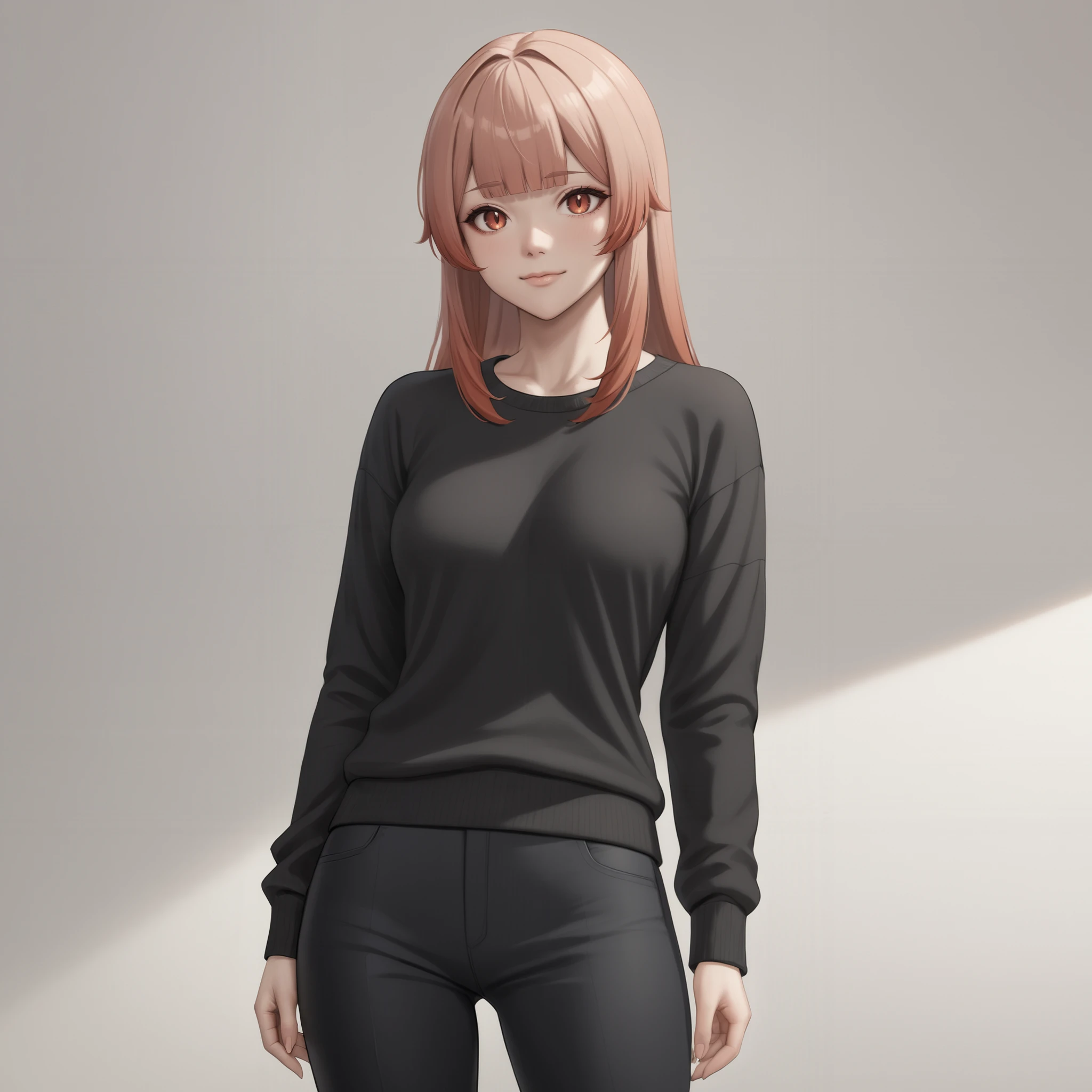 ciara faux, light smile, closed mouth, medium breasts, black pullover, black pants, masterpiece, best quality <lora:ciara-animaginexl-4-000010:0.8>