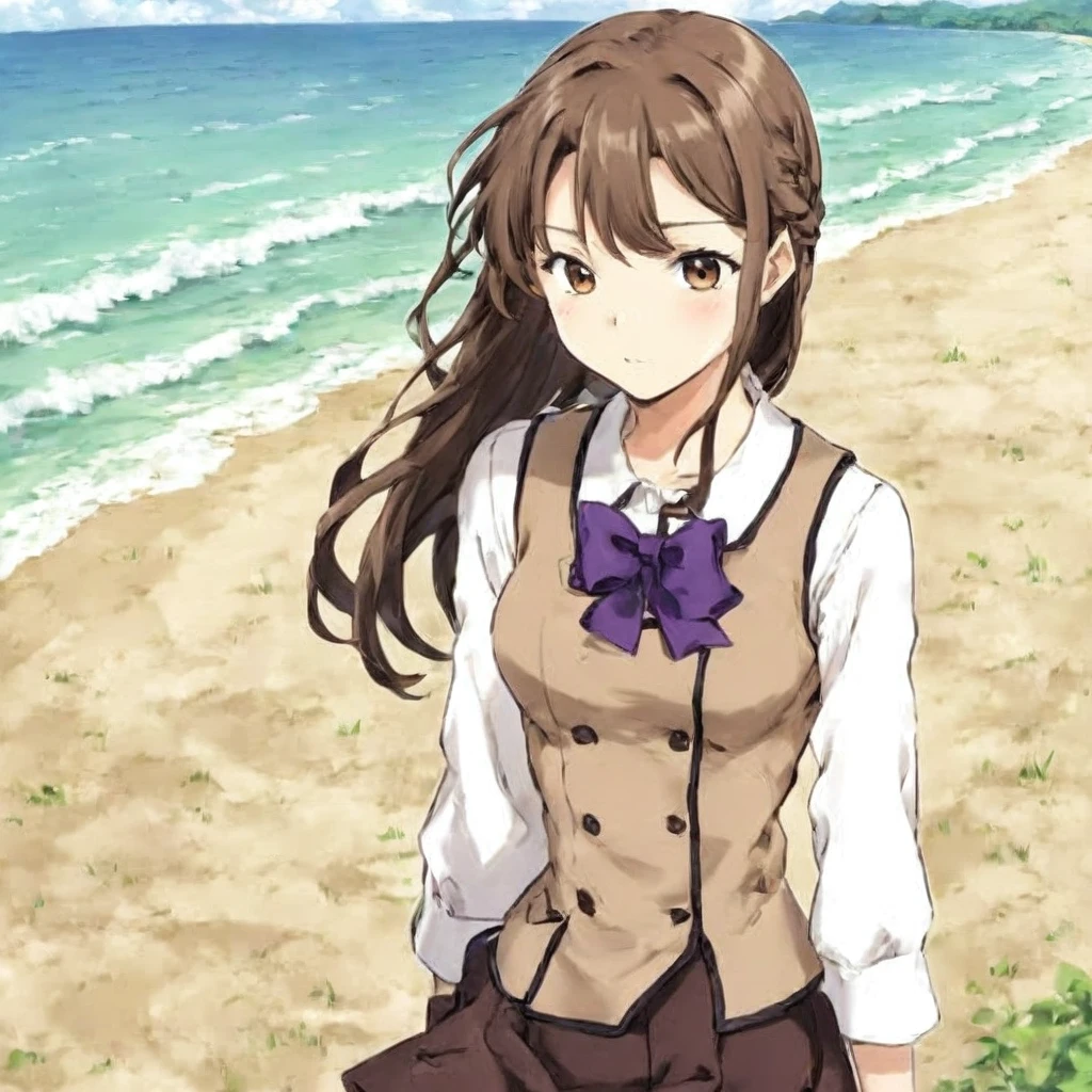 (mhuni34_clothes),1girl,long hair,brown eyes,outdoors,beach,masterpiece, high quality,anime,[purple bow],[buttons],black hair,small breasts,abes567 style,<lora:UniformLoraXL-000005:1> <lora:ABeLoRaXL-000007:0.85>