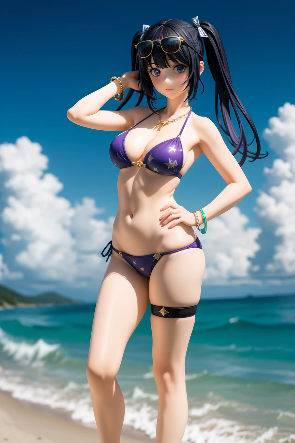 (Best quality,masterpiece,ultra realistic:1.3),1girl,mona (genshin impact),swimsuit,solo,breasts,bikini,purple bikini,jewelry,surfboard,twintails,navel,eyewear on head,full body,long hair,beach,looking at viewer,hand on hip,sunglasses,necklace,stomach,blue eyes,ass visible through thighs,collarbone,bangs,star (symbol),standing,cleavage,bare shoulders,ocean,alternate costume,day,belt,holding,closed mouth,halterneck,medium breasts,sky,sandals,thighlet,blue sky,black footwear,string bikini,blush,thigh strap,hair ribbon,ribbon,hair ornament,black hair,purple hair,black ribbon,sparkle print,thighs,bracelet,outdoors,blurry,very long hair,water,blurry background,