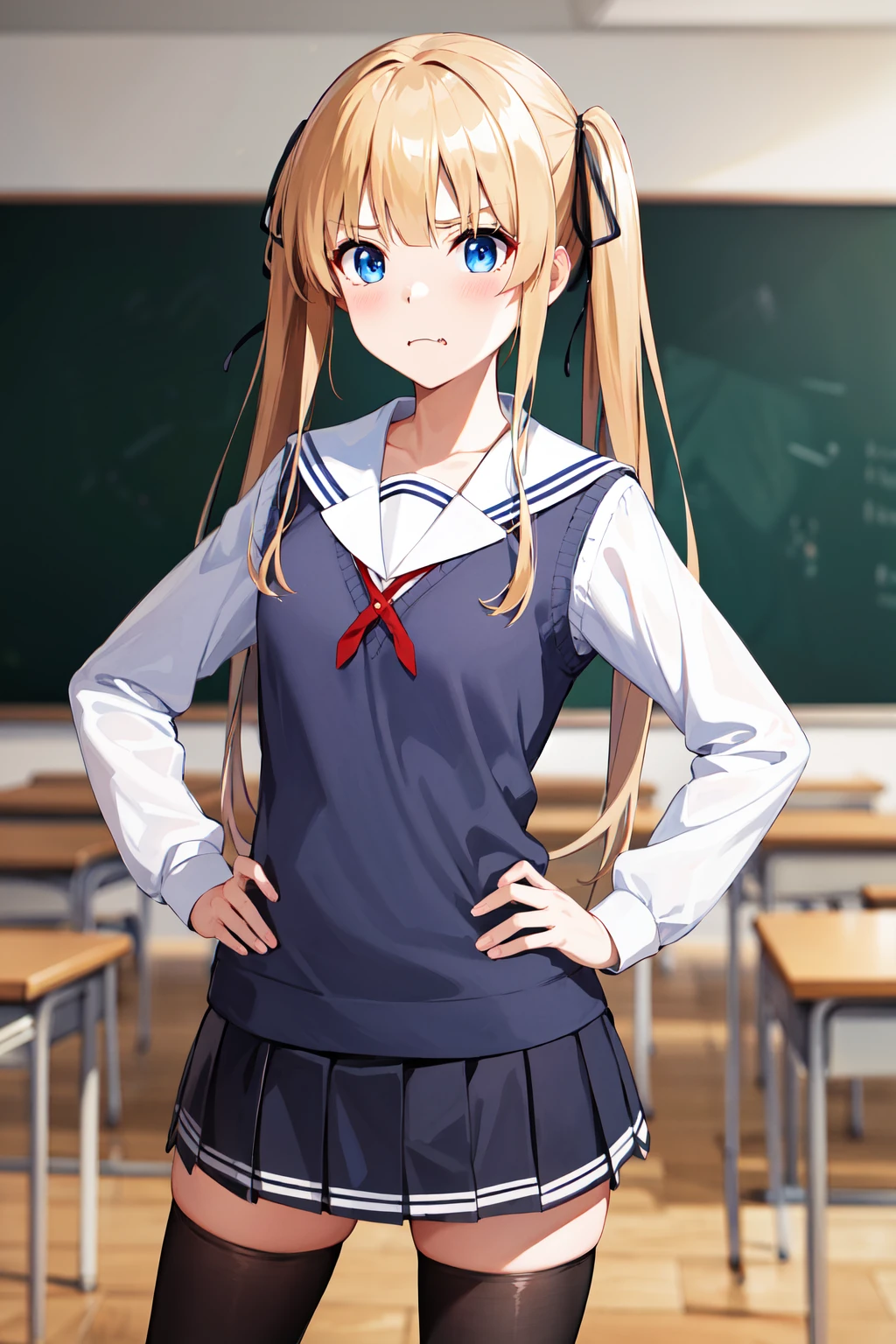 {{{anime}}}、(5yo,**li,cute:1.4)、 blonde hair 、drill hair、 Japanese、classroom、standing、 cross your arms a little、 is angry、(((Lift up skirt)))