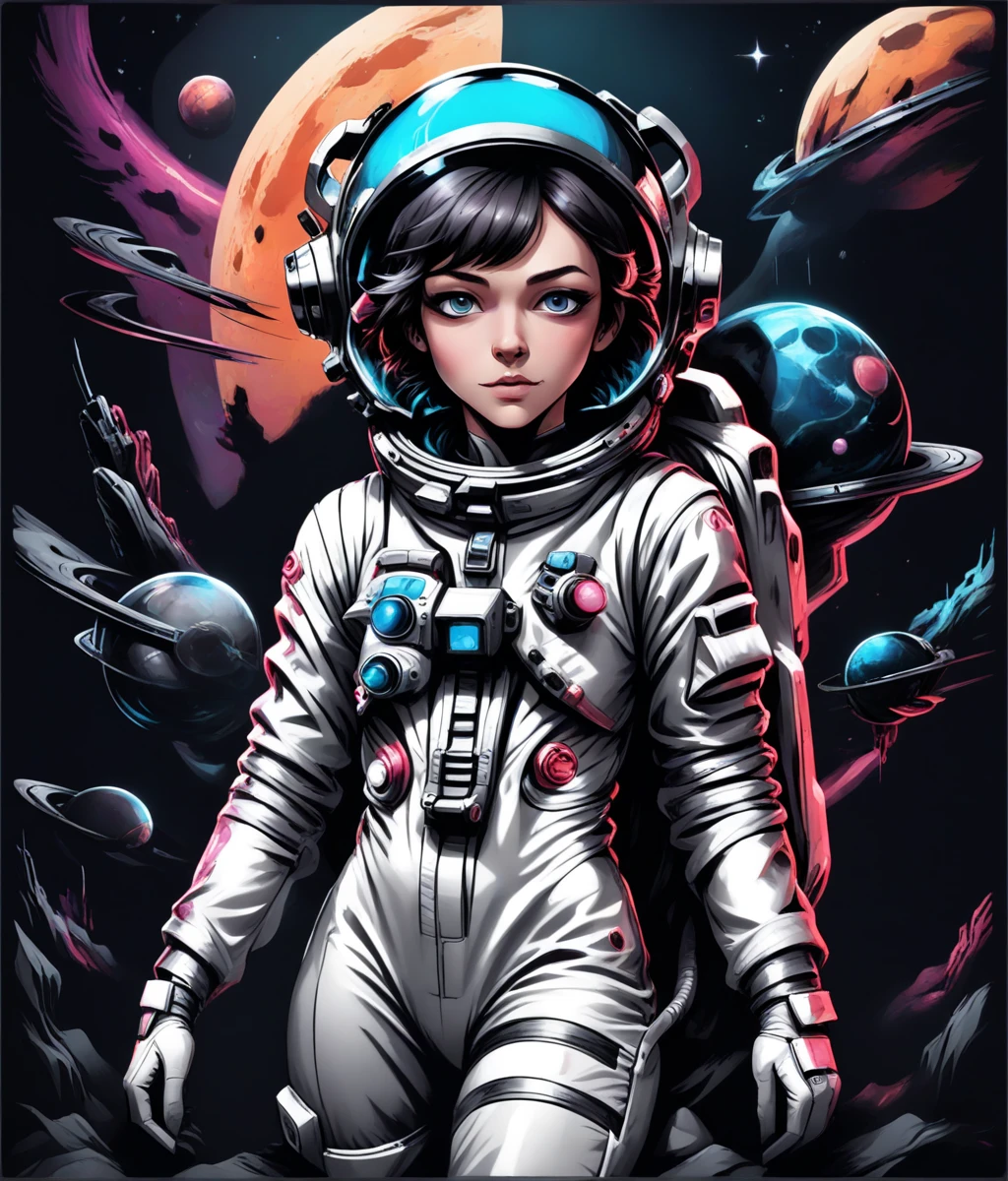 DFxnk style design of a beautiful woman wearing a spacesuit on a black background