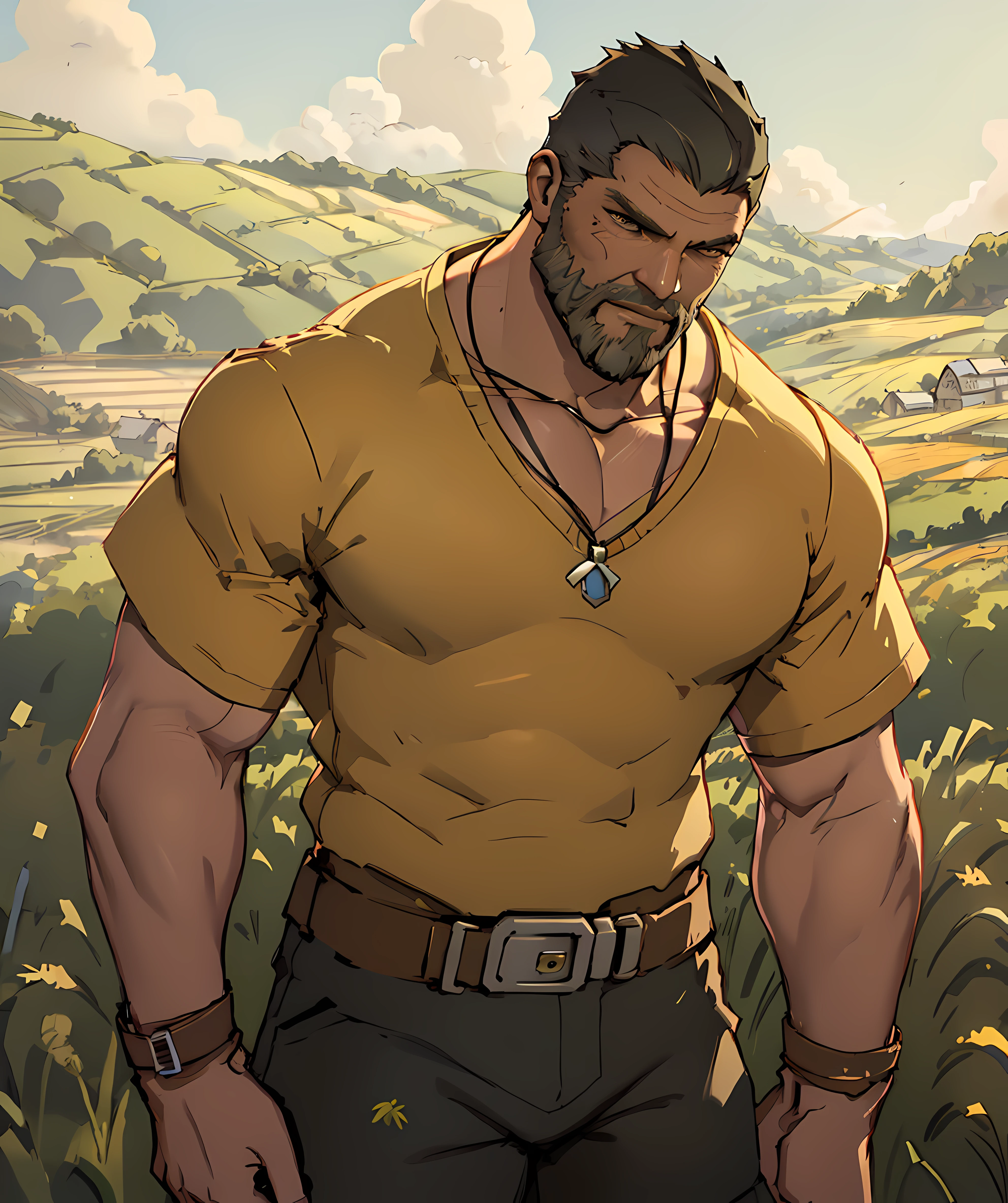 marcus_fenix, (muscular), farmer suit, short pant, looking at viewer, wheat field, old, beard, necklace <lora:Marcus_Fenix:0.8>