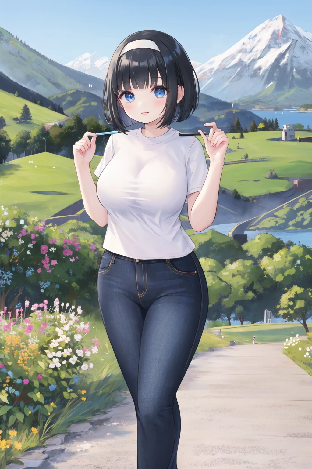 <lora:pnclpnts-10:0.6>, pencil pants, outdoors, smile, short sleeves, large breasts, bob cut, full body, blunt bangs, black hair, hairband, blue eyes, smile lips, mountain