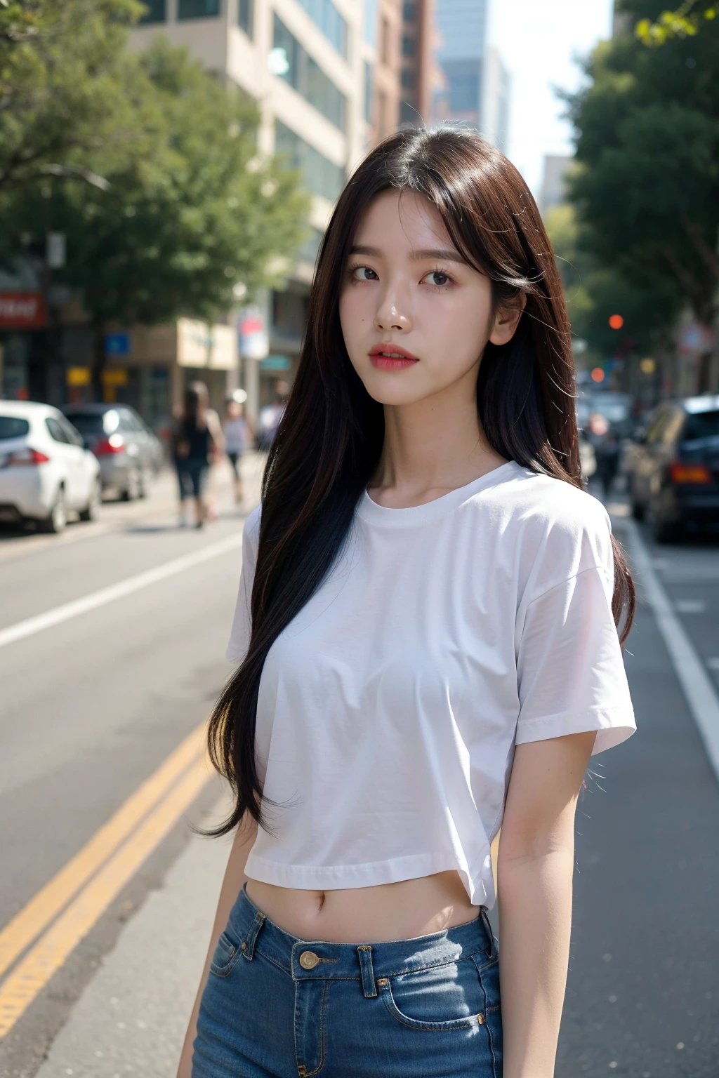 Arapei woman in street shooting, sexy, white western shirt, sexy shirt, skinny, jeans, shorts, 2 2 years old, thicc, she is about 26 years old, height 170 cm, Korean, delicate face, realistic, Japanese goddess,