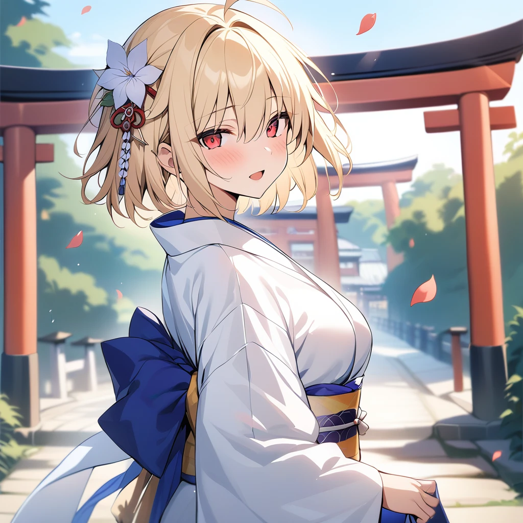 masterpiece,best quality,Arcueid,red eyes,short hair,1girl,japanese clothes,kimono,solo,hair ornament,sash,floral print,looking at viewer,obi,flower,hair flower,open mouth,torii,wide sleeves,white kimono,hair between eyes,long sleeves,alternate costume,breasts,outdoors,print kimono,blush,petals,looking back,<lora:ArcueidXL_V1:0.9>,