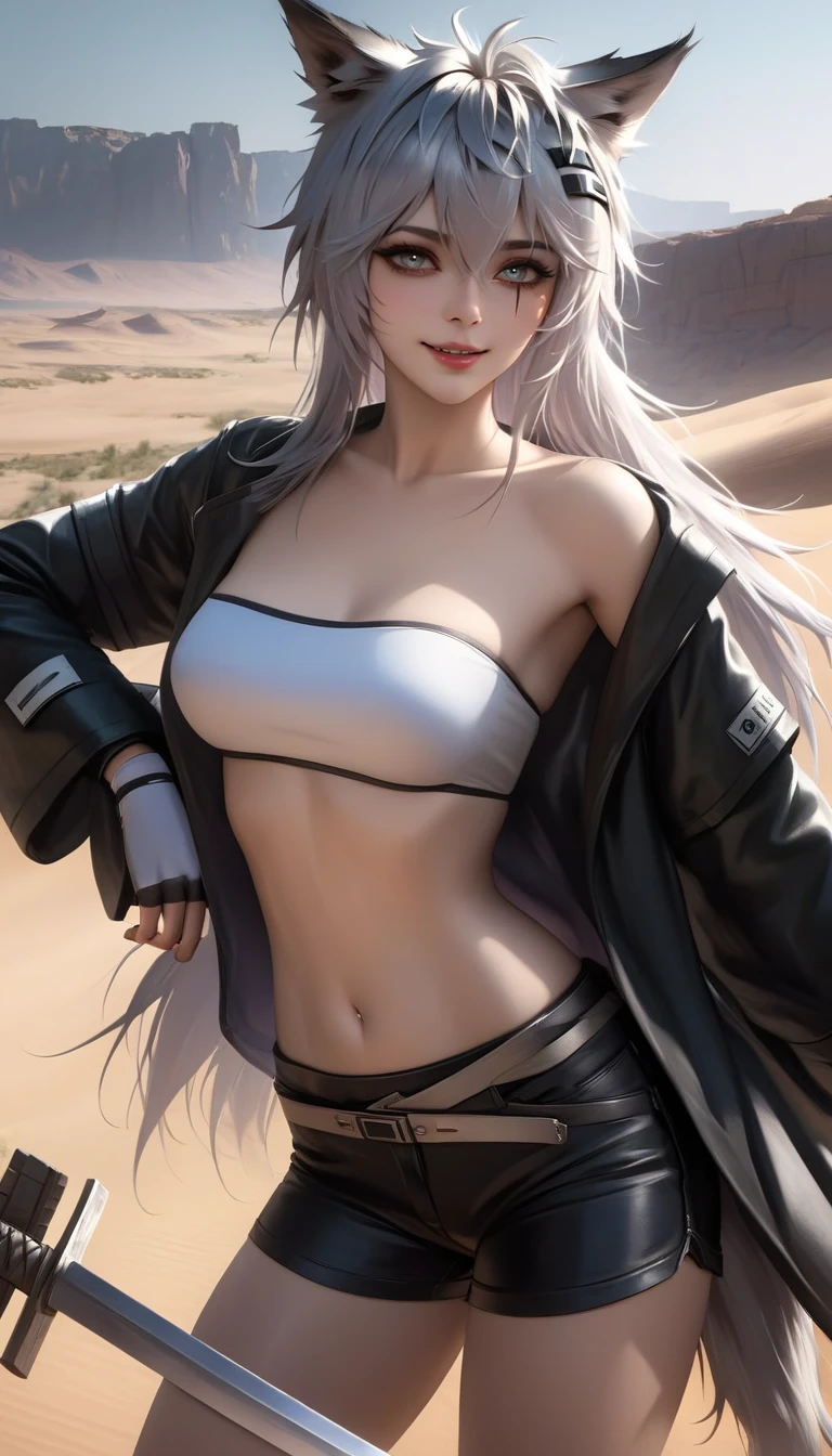  scar across eye,  
((lappland_(arknights), orig)), orig,lappland (arknights),1girl,solo,long hair,breasts,looking at viewer,smile,bangs, outdoors, desert, sky,hair ornament,gloves, long sleeves, navel,holding,animal ears,hair between eyes,medium breasts,very long hair,standing,jacket,weapon,grey hair,thighs,cowboy shot,sweat,open clothes,shorts,teeth,hairclip, midriff,sword, white gloves, fingerless gloves,stomach,nail polish,holding weapon,grin, black jacket,grey eyes,short shorts,strapless,blood, holding sword, black shorts,wolf ears, bandeau, tube top,

(masterpiece, best quality), dim light, cinematic shot, absurdres, HD, 8k, beautiful, detailed, sharp, cinematic lighting, highest quality, ((perfect face, very deep eyes)), Milf, mature female,
