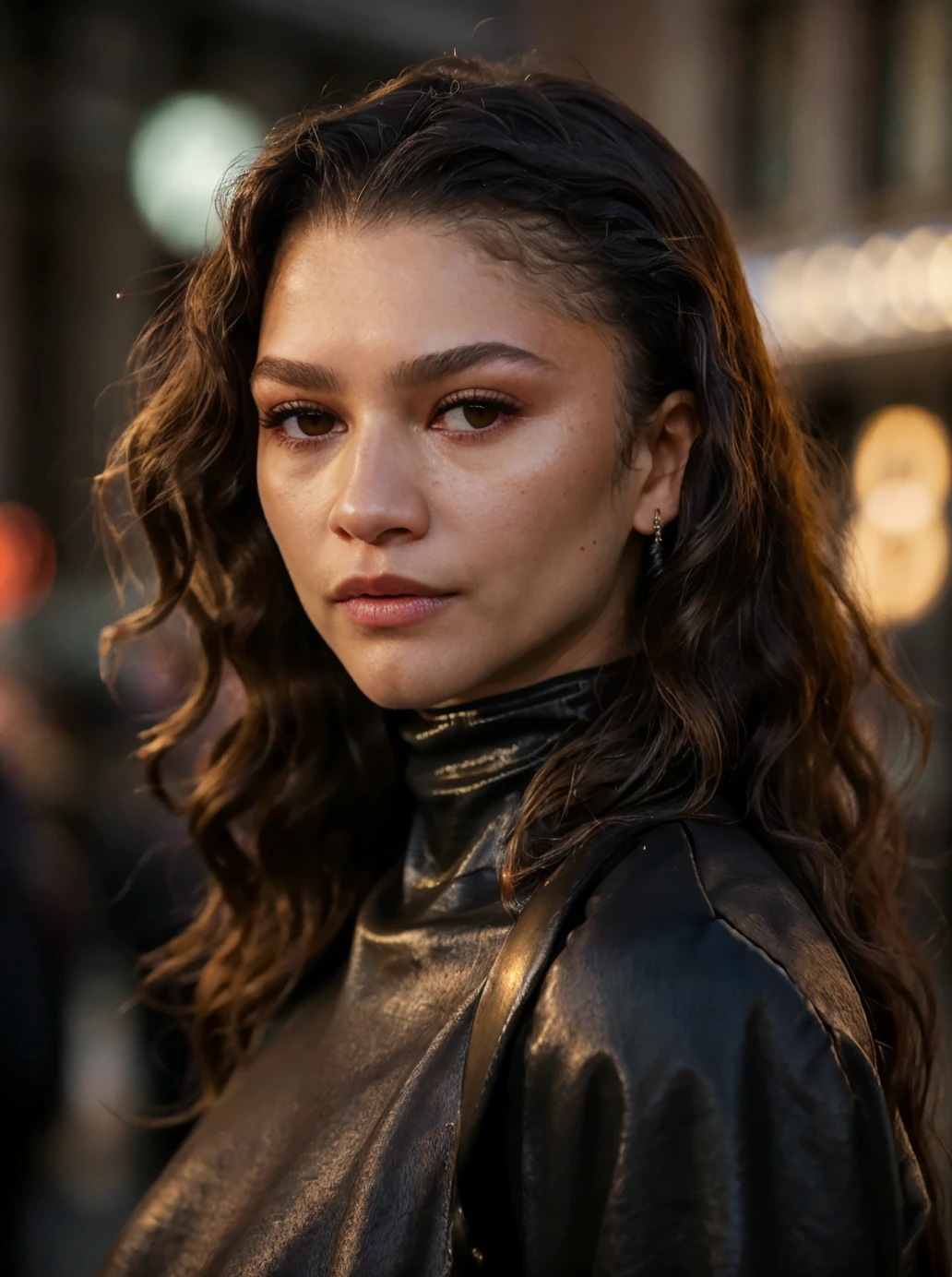 raw photo,(close-up),(masterpiece),znd,long curly hair,make-up,city street,turtleneck sweater,night,dof,volumetric lighting,(film grain:1),add_detail,(rim lighting:1.1)
