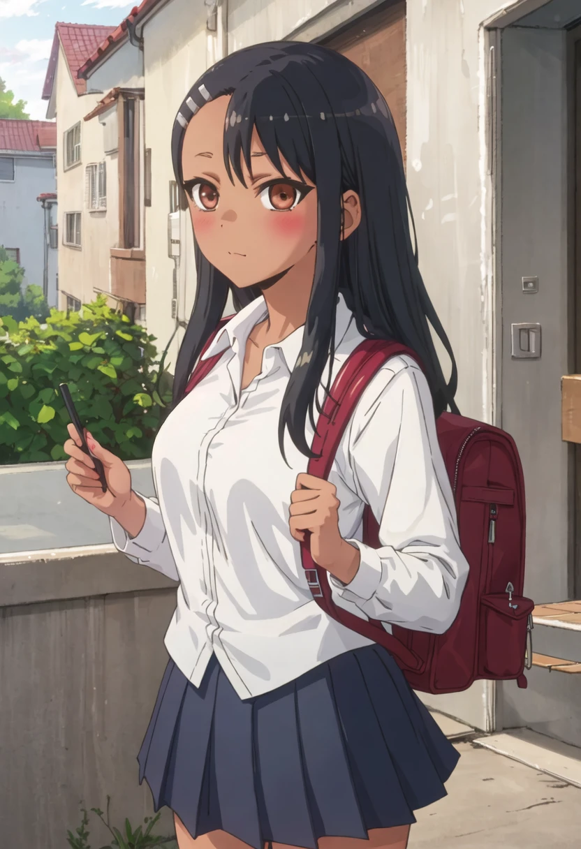 best quality, masterpiece, highres, solo, {nagatoro_hayase_donttoywithmemissnagatoro:0.90}, 1girl, blush, backpack, school_uniform, shirt, skirt, looking_at_viewer