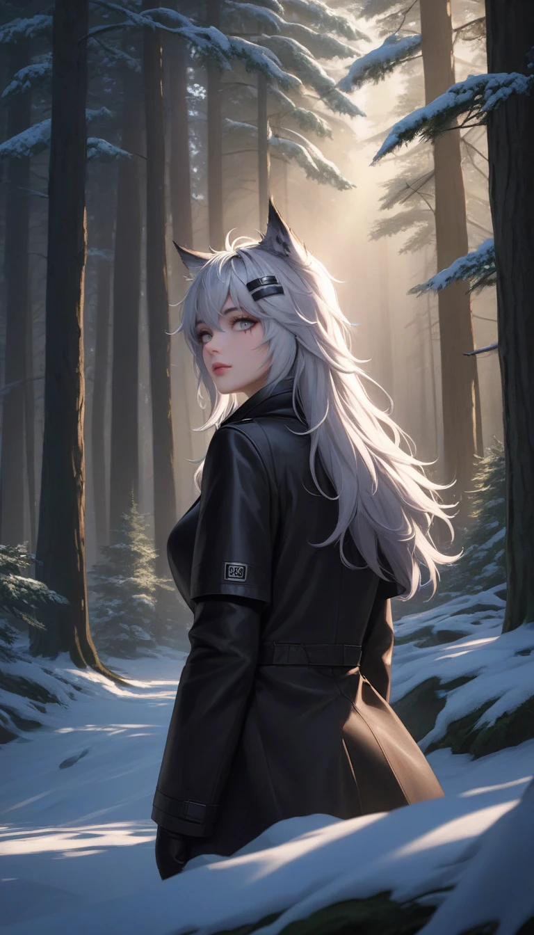 ((orig, lappland (arknights))), scar across eye, 1girl, grey eyes, wolf ears, wolf girl, animal ears, black jacket, forest, from behind, hair ornament, hairclip, jacket, long hair, looking at viewer, looking back, nature, scenery, snow, solo, tree, upper body, white hair, highres, 

(masterpiece, best quality), dim light, cinematic shot, absurdres, HD, 8k, beautiful, detailed, sharp, cinematic lighting, highest quality, ((perfect face, very deep eyes)), Milf, mature female,