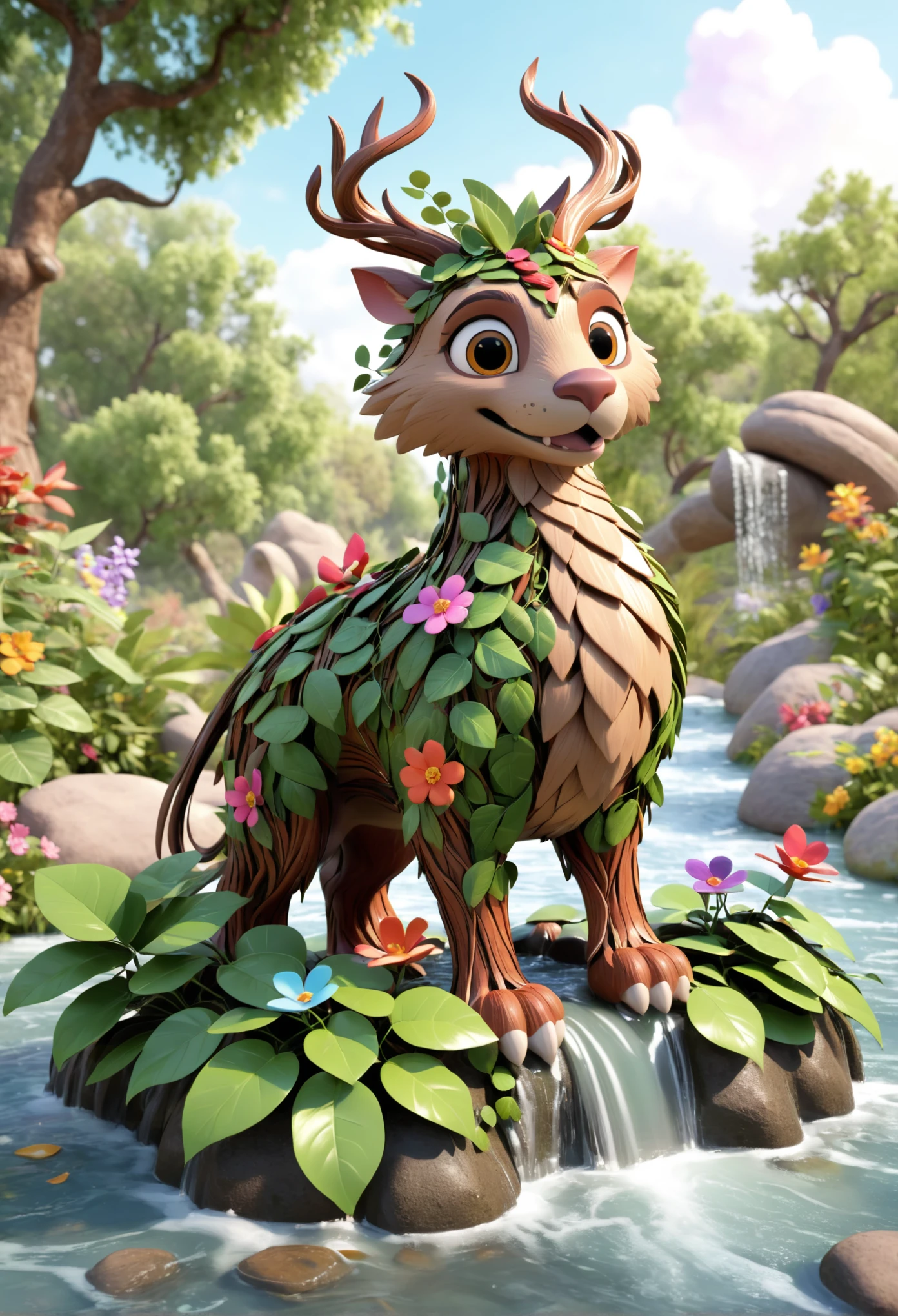 modisn disney, photo-realistic 3D cartoon style, (magical elemental creature made of foliage:1.1), vines, roots, leaves, peaceful, flowing water, (antelope, owl:0.5), colorful flowers, detailed background, sharp details