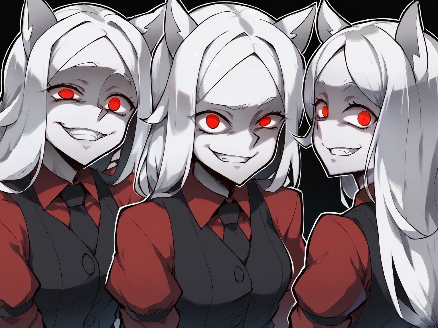score_9, score_8_up, score_7_up, score_6_up, score_5_up, score_4_up, BREAK, source_cartoon, source_anime, 3girls, cerberus \(helltaker\), white hair, long hair, red eyes, (glowing eyes:0.5), dog ears, red shirt, black necktie, black vest,
sadistic smile, upper body, looking at viewer, monochrome, greyscale, gesugao, sketch, black background, spot color, shaded face, white outline
<lora:CerberusXL:1> <lora:EbiblueXL:1>
