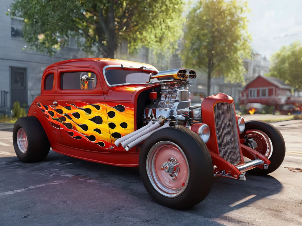 <lora:Big_Engine_Hot_Rod:1>  bigehotrod, building, day, outdoors, red paint, tree, white bars, yellow and red painted flames, wide view, (realistic, photo-realistic:2), extremely detailed, CG, unity, 8k wallpaper, Amazing, finely detail, (real picture, intricate details)