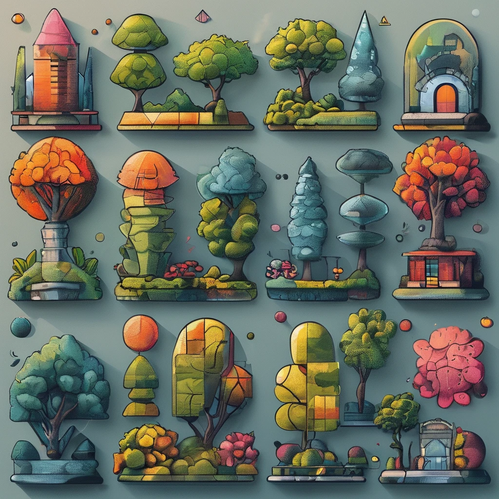 <lora:artfullyDOWNTOWN.IC_SDXL_V1 (1):1>,a set of illustrations of trees and plants on different colored backgrounds, tree collection set in grid format, various flat tree icons in different colors, various images of trees in a graphic style, 2d game art, colored cartoon style, colorful gardens, flat chromatic fields, graphic design-inspired illustrations, in the style of colorful geometric shapes, in the style of cubist landscapes, in the style of cubist shapes and planes, lightbox, sculptural reliefs, rounded shapes, retro filters, rectangular fields, outdoor art, miniature and small-scale paintings, a man holding branches dubbed "world of wonders and creatures", colorful mindscapes, concept art, cryengine, in the style of colorful fantasy, in the style of colorful fantasy realism, in the style of fantastical and imaginative creatures, in the style of highly detailed foliage, inventive character designs, made of flowers