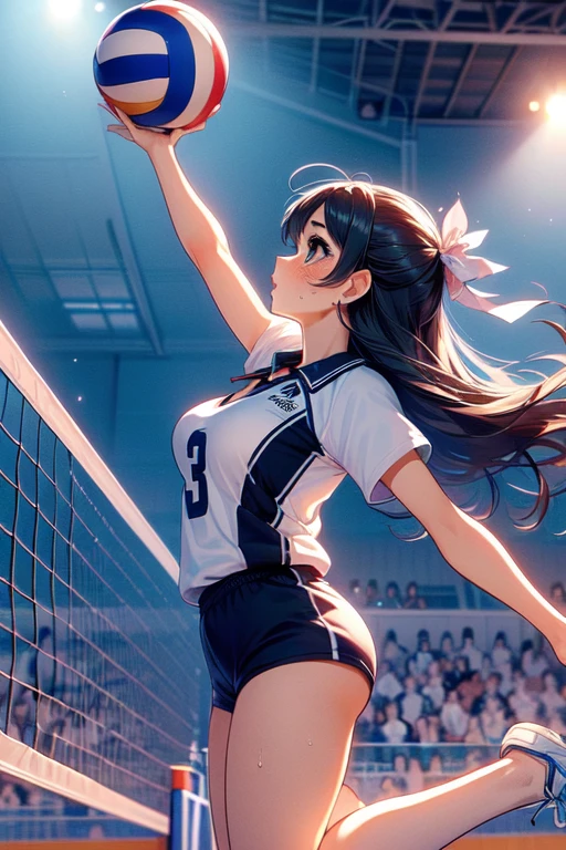 (((masterpiece))), (((best quality))), (((from side))), ((volleyball)), (((flying))), (((jumping))), (((chest out))), (((raise head))), (((raise shoes))), (((legs up))), sportswear, wind, night, crowd, stadium, cinematic light, cleavage, (((big tits))), ribbon, longhair, rosy lips, parted lips, sweat, shy, blush, slim figure, <lora:girllikevolleyball:1>