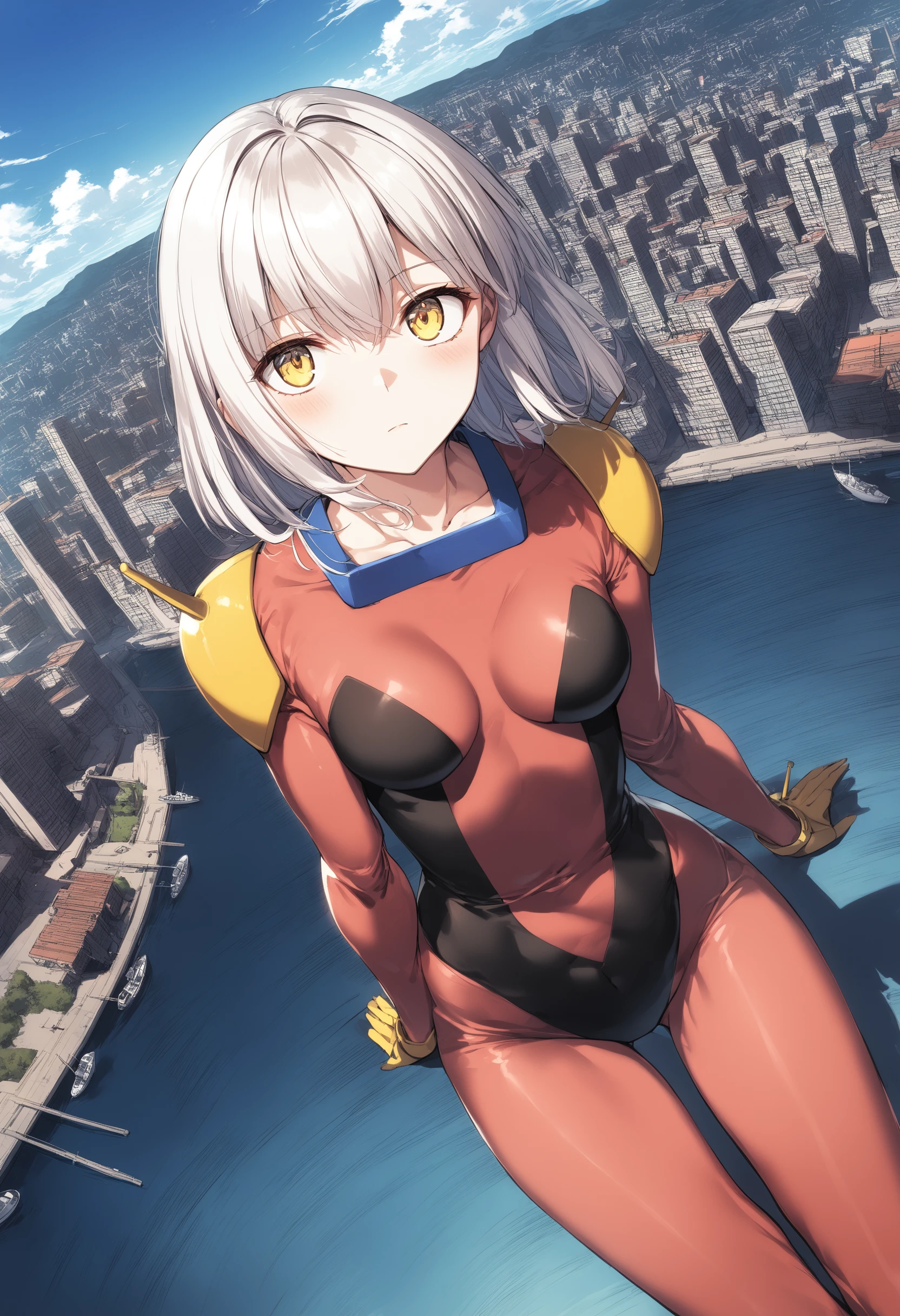 1girl, <lora:sdxl2-flat2-512b:-1>,medium breasts,solo,white hair, yellow eyes,
<lora:mobiletracesuitXLv2:0.8>,mobile trace suit, shoulder armor,
dutch angle, wide shot, looking up, expressionless, harbor, closed mouth,
best quality,medium quality,