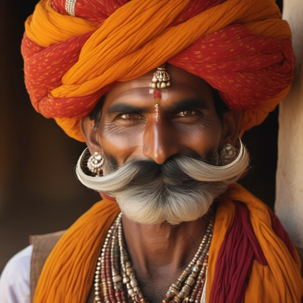 A close-up of a Rajasthani man with a majestic moustache and traditional tilak, showcasing his wisdom and cultural identity.