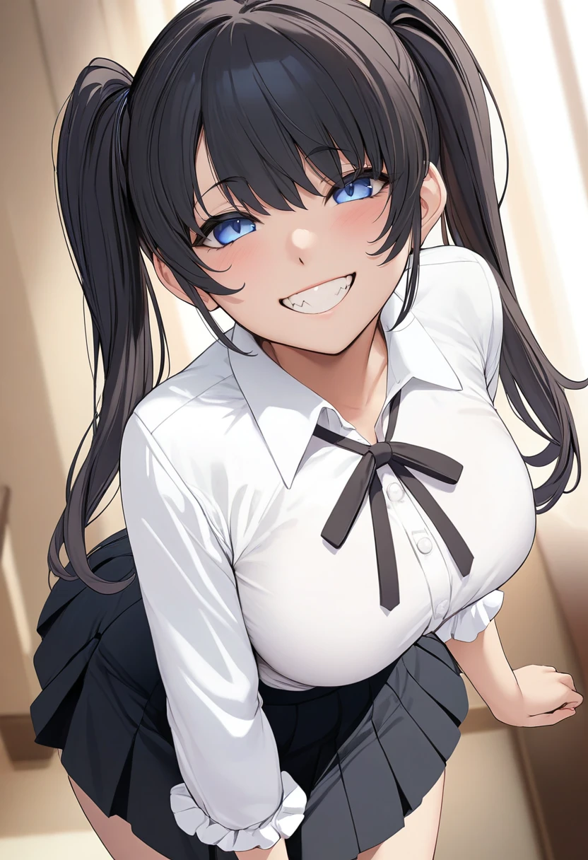 masterpiece, best quality, 1girl,blue eyes,twintails, black hair, white blouse ,best quality,  black skirt, grin,looking at viewer, by marushin <lora:Marushin-Style-AniXL-grad1:1>