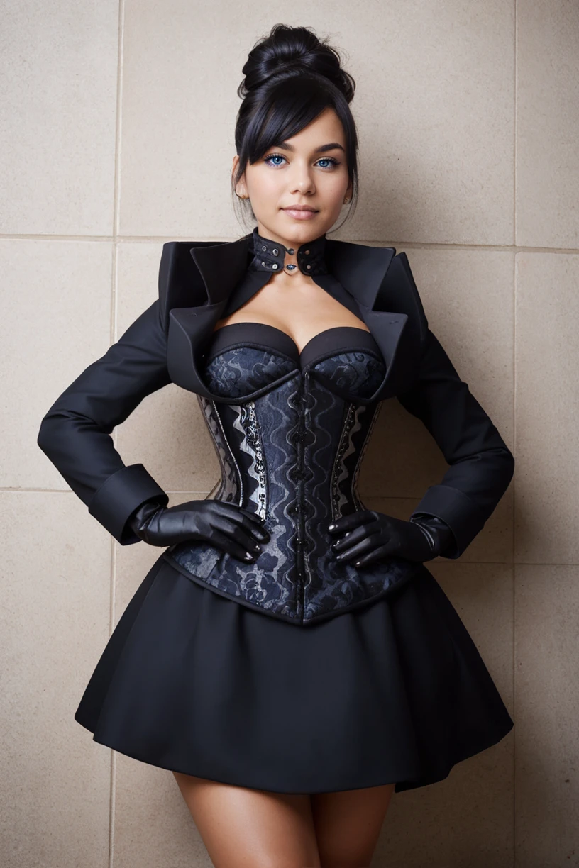 (portrait:1.2), adult, large breasts, woman, (Messy Chignon:1.3), wearing lgdress_2, black and silver Avant-garde high collar jacket, brocade corset dress, heart cutout gloves, hair bow, knee high boots, <lora:lgdress_2-11:0.6>, (Point-of-view shot:1.1), A cutting-edge urban waste-to-energy facility, converting organic waste into clean energy through anaerobic digestion or thermal processes, dark blue hair