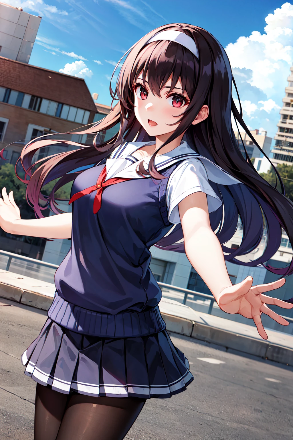 masterpiece, best quality, highres, aautaha, long hair, black hair, hairband, school uniform, sailor collar, sweater vest, blue sweater, white shirt, short sleeves, pleated skirt, blue skirt, (black pantyhose:1.2), <lora:kasumigaoka_utaha_v2-1:0.7>, outdoors, petal, building, blue sky, outstretched arms,