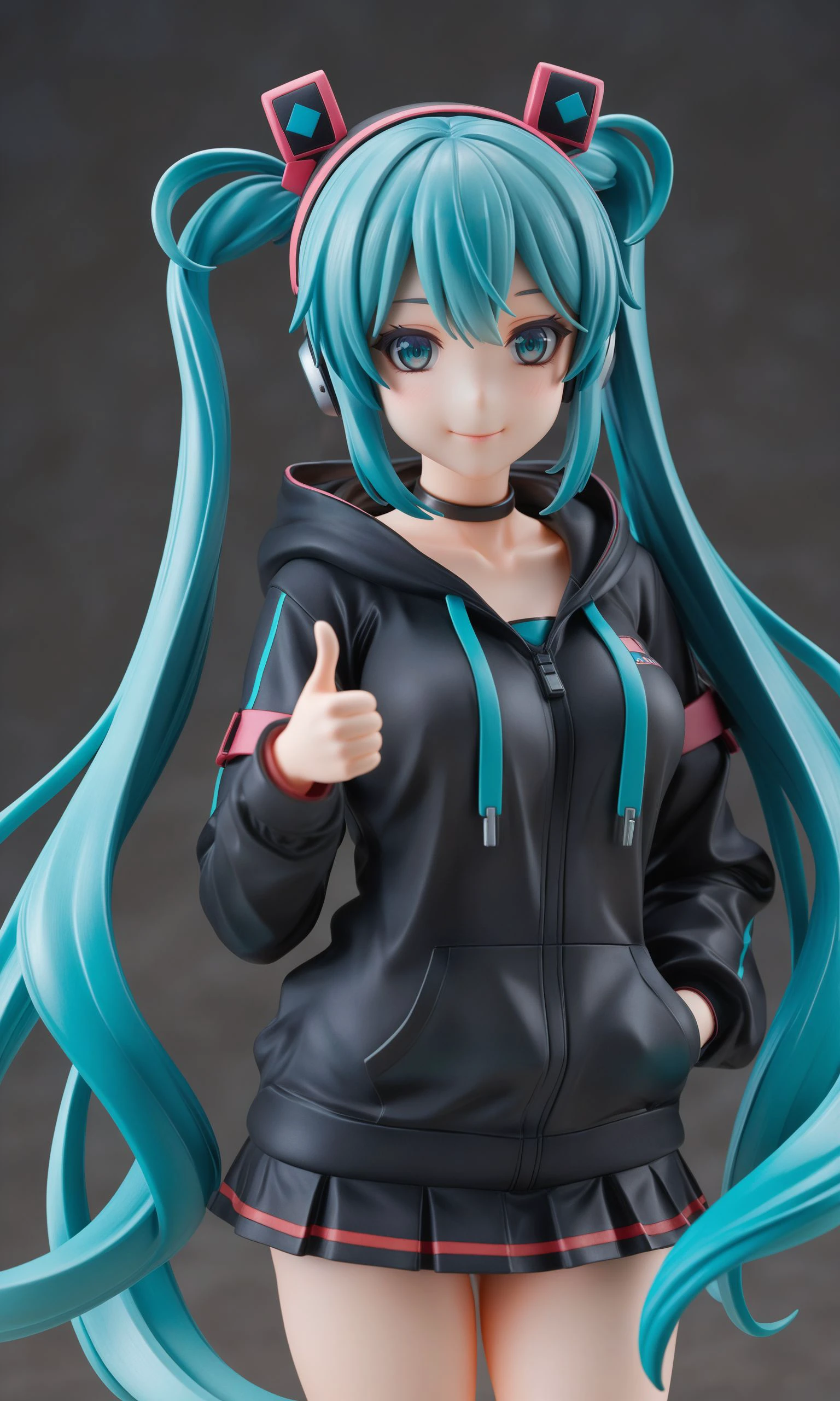 (masterpiece),(highest quality),Anime,(extremely detailed),figurine,((masterpiece)),(best quality),official art,extremely detailed CG,unity 8k wallpaper,ultra detailed,beautiful detailed eyes,extremely detailed face,office,(hatsune miku:1.3),1girl,twintails,solo,upper body,(portrait:1.5),looking at viewer,facing viewer,smile,medium hair,sidelocks,collarbone,hood down,black hoodie,sleeves past wrists,medium breasts,thumbs up,no pants,black thighhighs,loafers,