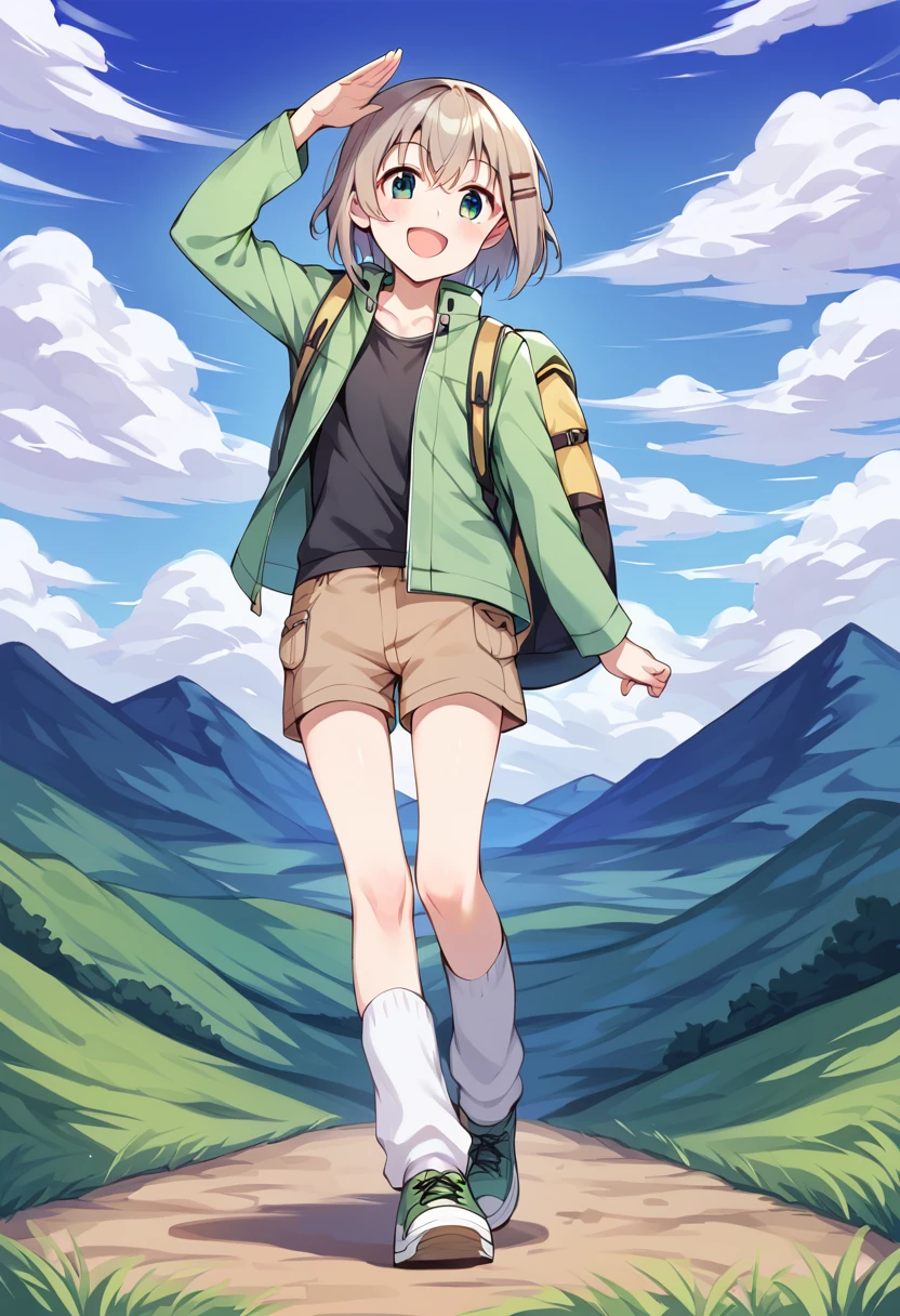 score_9, score_8_up, score_7_up, source_anime BREAK
yukimura aoi, solo, 1girl, hair ornament, bag, backpack, hairclip, open mouth, socks, black shirt, day, outdoors, short hair, blush, green jacket, long sleeves, green footwear, brown shorts, full body, eyebrows visible through hair, looking at viewer, blue sky, grey hair, smile, cloud, arm up, grass, white legwear, mountain, green eyes, standing, loose socks, open jacket, :d, salute, short shorts, sneakers, hair between eyes, brown hair, shading eyes, collarbone, blue eyes, :o, standing on one leg, cloudy sky, light brown hair, walking, head tilt, sleeves past wrists, mountainous horizon <lora:yukimura_aoi_sdxl_locon_pony_v1:0.7>