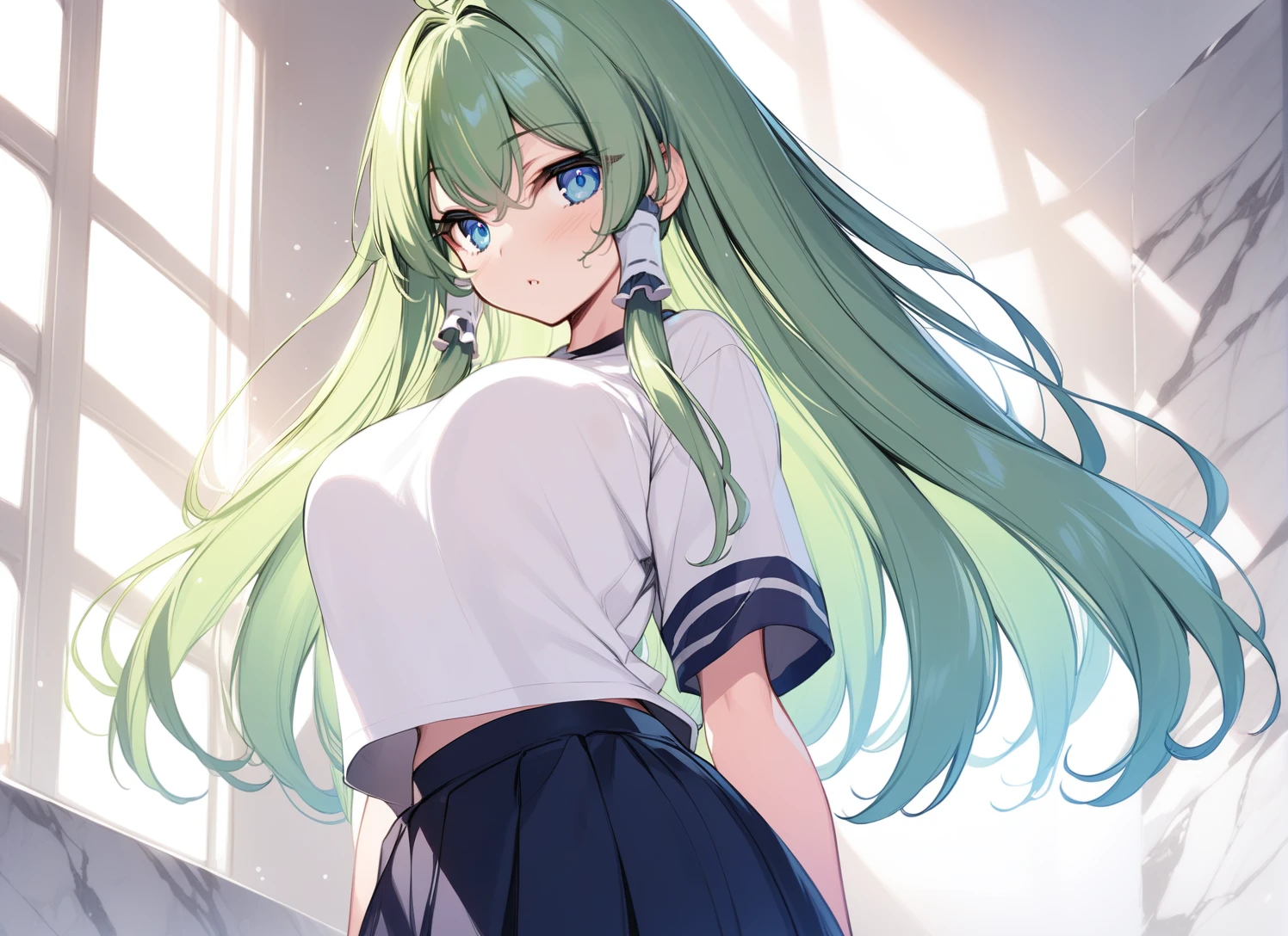 anime screencap, visual novel, (artwork), (masterpiece), (amazing work), (masterpiece), <lora:ke-ta_3-000003:0.6>, ke-ta, white background, (green hair:1.1), long hair, (hair tubes, single hair tube:1.1), blue eyes, marble wall, skirt, standing, (busty:1.2), looking at viewer, large, <lora:kochiya_sanae_image8584_2023-12-17:0.7>, huge, t-shirt, ahoge