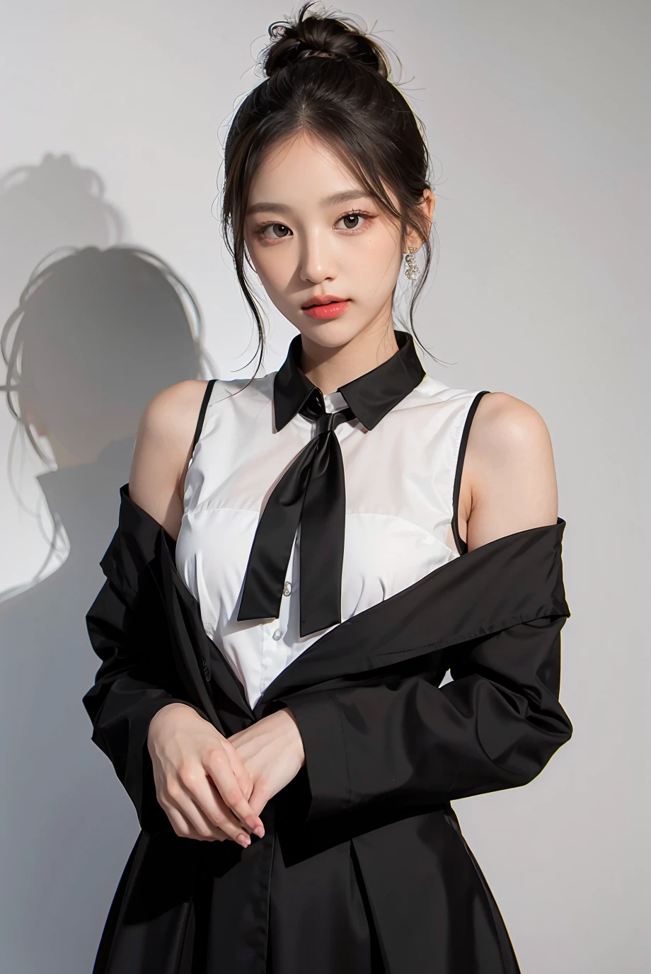Maintain face image、height: 170cm, 30 years old、Pale face and eyes:1.3、Very narrow face and eyes:1.3, (Swollen eyes:1.5)、{Highest quality}, {{masterpiece}}, {Very delicate and beautiful}, Excellent light and shadow, Highly detailed wallpaper, clear 、1 girl, blush, Short Bob Hair,( (black and white theme:1.4), (bar-maid:1.2), (The first button is undone and the chest is open. He is wearing a black cummer vest over a white long-sleeved collared shirt with a bow tie.:1.4), (black bow tie:1.2), (cummer-vest:1.1), (button-up:1.3), (black slacks pants with narrow waist:1.3), (Attach a name tag to vest:1.2), (dress shoes:1.2),Put your hands behind your head and expose your armpits、Supermodel Legs、High heels)、 Delicate hair, (Realistic skin texture:1.3), Saggy breasts, Cleavage、or noticeable wrinkles on the skin., B cup, Broad shoulders, ((Dynamic model posing)), necklace、ring、earrings、smile、(Front Focus), (In the Dark:1.6), Surrealist female portraits by David Hockney and Alphonse Mucha, Fantasy art, Photorealistic, Dynamic Lighting, Art Station, Poster, Volumetric Lighting, Highly detailed face, 4K, Awards, 1 girl, In the Dark, Deep Shadow, Inconspicuous key, Long Hair, color々angle, color々Performance、Inside a bar in Shibuya、Ambient