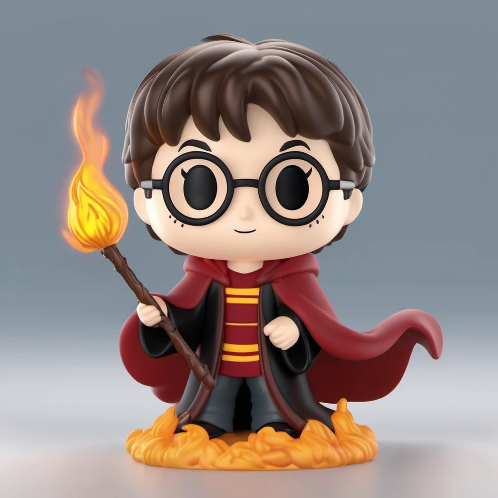 blind box style of Harry Potter with glasses made of plastic wearing a cloak, holding a stick with blue fire, sitting on the ground,simple background, chibi, solo,(big head:1.2),small body,octane render, highly detailed, volumetric, dramatic lighting,pop, <lora:pop:0.8>
