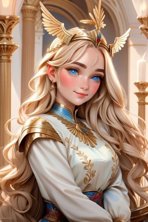 (valkyrie by Christophe Vacher and Mab Graves in the style of Vincent Di Fate ):1.331,winged helmet,feather,shoulder armor,complex,intricate, perfect lighting, 1girl, looking at viewer, smile, snulight,bight,glowing(masterpiece), blooming flowers,, RAW Photograph, dslr, soft lighting, high quality, film grain, Fujifilm XT3, insane details, mKodachrome, Lomography, stained, highly detailed, innocent, pale, detailed skins, pouting, blue eyes, pink rouge, hair between eyes, warm light, from below,perfect facial ratios, perfect facial features, full cheeks, blush on cheeks, all attention given to the face, emphasizes on the cute chubby cheeks, Soft and smooth skin texture, shiny skin, flawless complexion, shiny eyes, eyelashes, natural eyebrows, rosy lips, cute small nose, cute face shape, warm and inviting smile, natural lighting, gentle shadows, detailed hair strands, silky hair, hair on the sides framing the face, glossy highlights on the hair, rich and vibrant colors, vibrant and warm background, complementary colors to enhance the girl's features, captivating expression, engaging eyes, intricate details on eyelids and lashes, flawless complexion,realistic detailed skin, Life-like textures, minute details, every aspect of the face made clear and visible, picture fills the canvas, (shiny skin), , beautiful eyes, perfect eyes , (closed mouth:1.3),