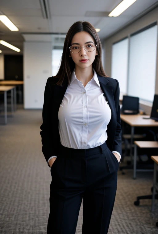 beautiful anime girl, dark hair, short neck, model face, business office style clothing (skirt and shirt) with glasses, sitting at a desk working on her mac computer. Her look reflects confidence and success. An intense light falls on her head, illuminating cinematic and captivating, cinematic light, extremely detailed, mega detailed.