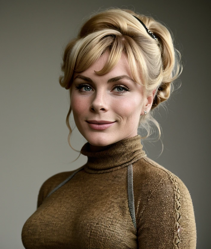 <3ls0m3r>,neutral background, 40s style, smile, upper body , Turtleneck, Ultra-HD-details, young woman