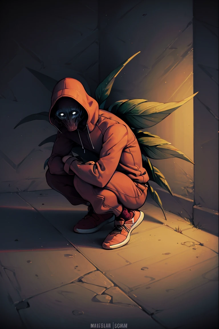masterpiece, best quality, absurdres, BrackenLethalCompany, white eyes, monster, wings, leaf, adidas track suit, squatting, <lora:CHAR-BrackenLethalCompany:1>
