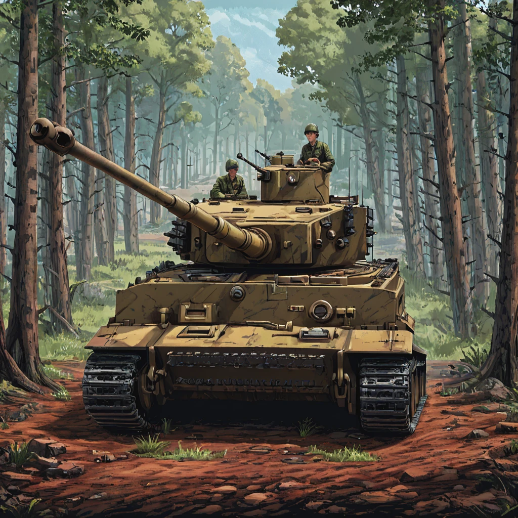 A tgrtnk tank engages Allied tanks in the open fields of Belgium, its 88mm gun recoiling as it fires. In the background, the rolling hills and small villages characteristic of the region set the stage for this tank duel, highlighting the tactical mobility and firepower of the vehicle. ((pulp_comic, heavy_lines, hand_drawn, hand_inked, hand_colored, perfect_face, apxlz))