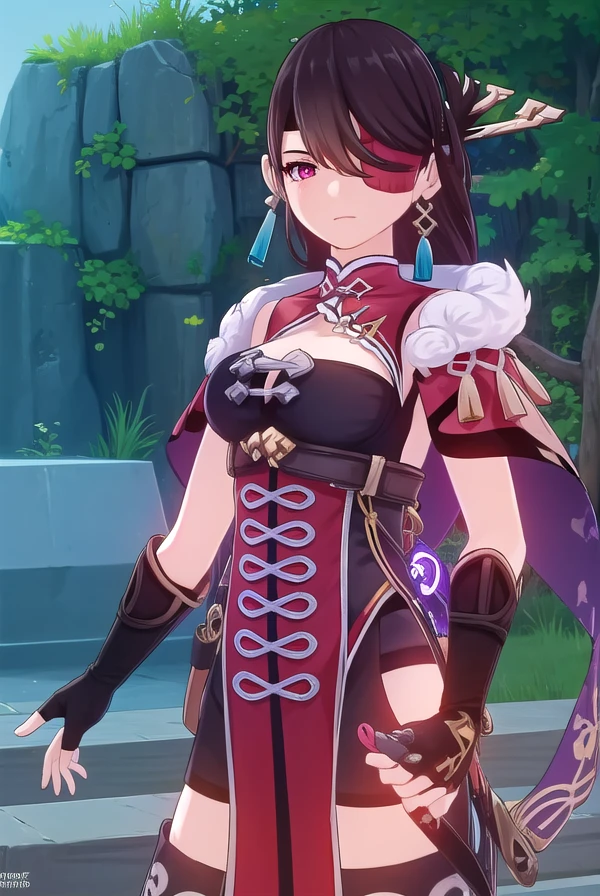 beidou, <lora:genshin beidou ingame-lora-nochekaiser:1>,
beidou, long hair, bangs, brown hair, black hair, hair ornament, (red eyes:1.3), (hair over one eye:1.5), (eyepatch:1.5), hairpin, (one eye covered:1.5), smile, grin,
BREAK thighhighs, gloves, cleavage, jewelry, earrings, black gloves, fingerless gloves, fur trim, chinese clothes, vision \(genshin impact\),
BREAK outdoors,
BREAK looking at viewer, (cowboy shot:1.5),
BREAK <lyco:GoodHands-beta2:1>, (masterpiece:1.2), best quality, high resolution, unity 8k wallpaper, (illustration:0.8), (beautiful detailed eyes:1.6), extremely detailed face, perfect lighting, extremely detailed CG, (perfect hands, perfect anatomy),