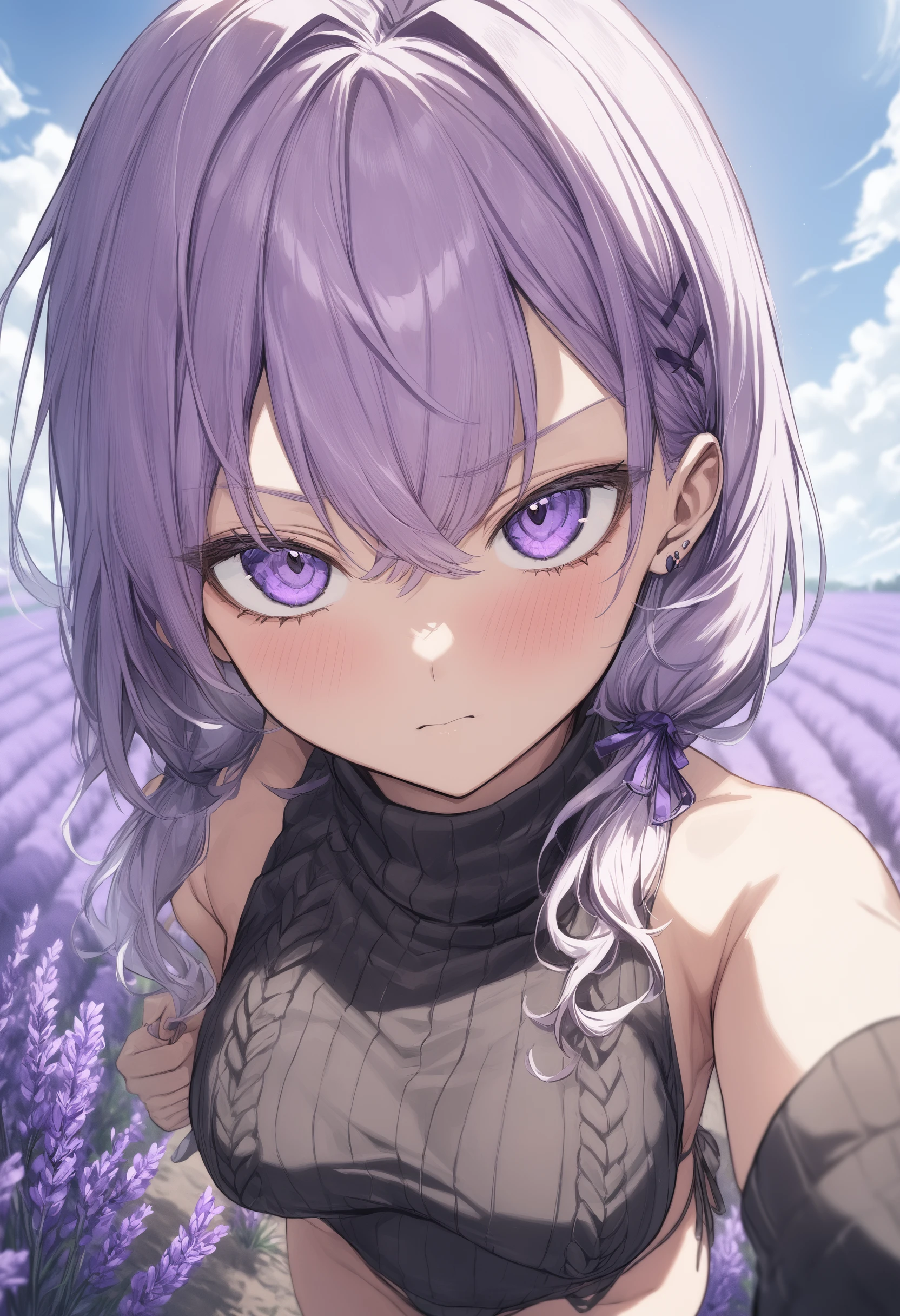 1girl, <lora:sdxl2-flat2-512b:-1>,medium breasts,solo,
<lora:vks2023XLv1:0.8>,vks2023,sweater,lingerie,
upper body, fisheye lens, looking up, grimace, lavender field, closed mouth,
best quality,medium quality,