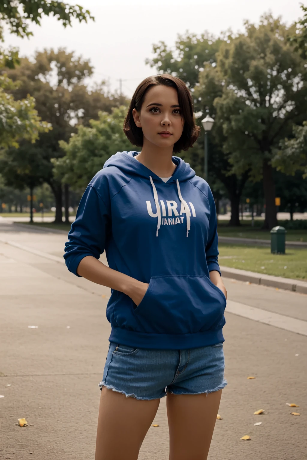 <lora:mondongo_LoRA_LondonThor_v2:1> mndngwmn, short hair, wearing jean shorts, hoodie, on a park, (ultra realistic, 8k,high quality)