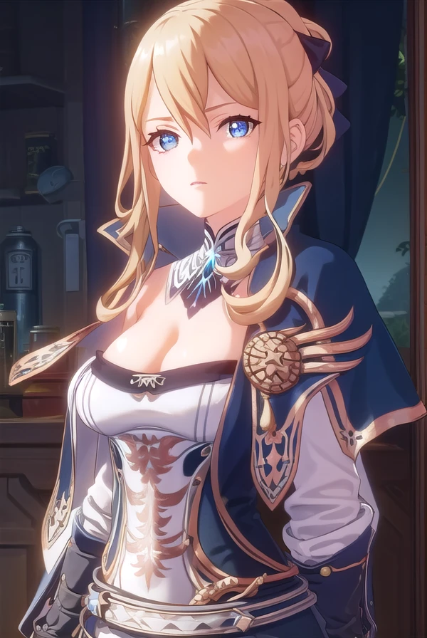 jean, <lora:genshin jean ingame-lora-nochekaiser:1>,
jean, long hair, bangs, blue eyes, blonde hair, bow, hair between eyes, ponytail, hair bow, sidelocks,
BREAK gloves, belt, capelet, cleavage, pants, white pants, detached sleeves, detached collar,
BREAK outdoors,
BREAK looking at viewer, (cowboy shot:1.5),
BREAK <lyco:GoodHands-beta2:1>, (masterpiece:1.2), best quality, high resolution, unity 8k wallpaper, (illustration:0.8), (beautiful detailed eyes:1.6), extremely detailed face, perfect lighting, extremely detailed CG, (perfect hands, perfect anatomy),