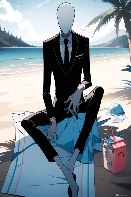 <lora:slenderman-06:1>, slenderman, holding ice-cream, sitting on blanket, on beach, masterpiece, best quality