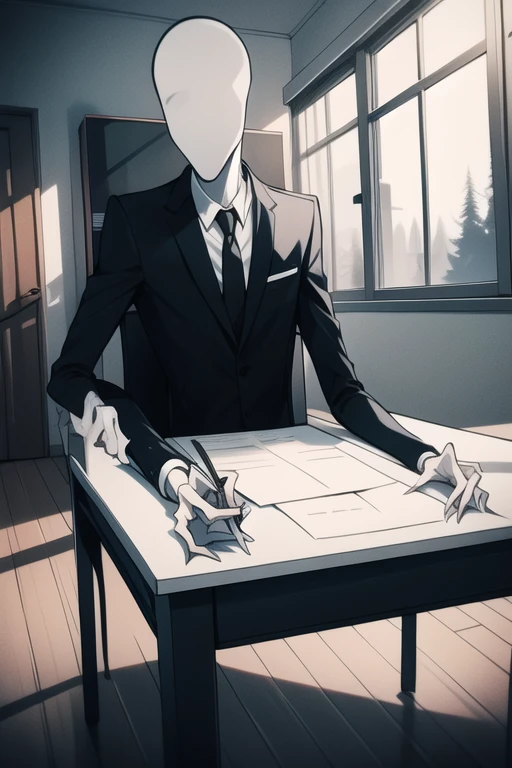 <lora:slenderman-06:1>, slenderman, day time, sitting on desk, doing paper work, masterpiece, best quality