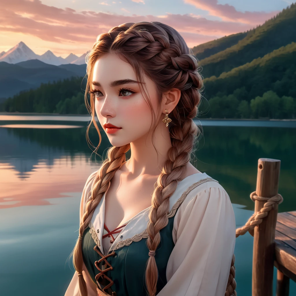 1girl, blush, braid, closed mouth, earrings, freckles, gradient, jewelry, long hair, long sleeves, looking at viewer, solo, twin braids, upper body masterpiece, best quality, intricate details, a wooden dock leading to a lake with a mountain in the background at sunset or dawn with clouds in the sky, lake, a picture, neo-romanticism