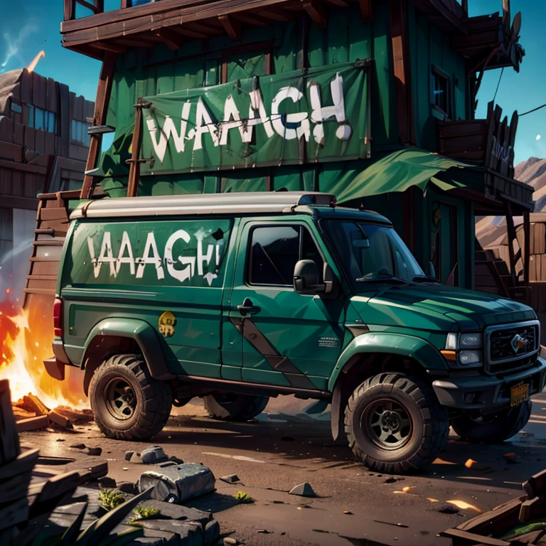 ((masterpiece,best quality)), absurdres,
<lora:Ork_World:0.8>, Ork World,
(1girl, green skin, orc, loincloth, pointy ears:1.2),
(graffiti, waaagh, white text, english text:1.1),
teeth, ground vehicle, building, motor vehicle, smoke, door, military vehicle, house, vehicle focus, molten rock, tower,