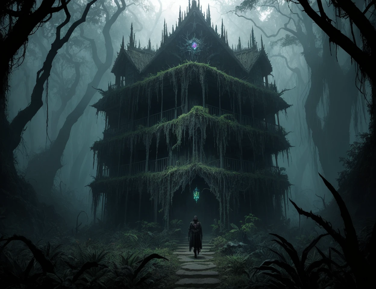 masterpiece, DonM3v1lM4dn355XL, sanctum in dry tropical forest biome, evil, dark, stygical,
<lora:DonM3v1lM4dn355XL-000006:0.8>